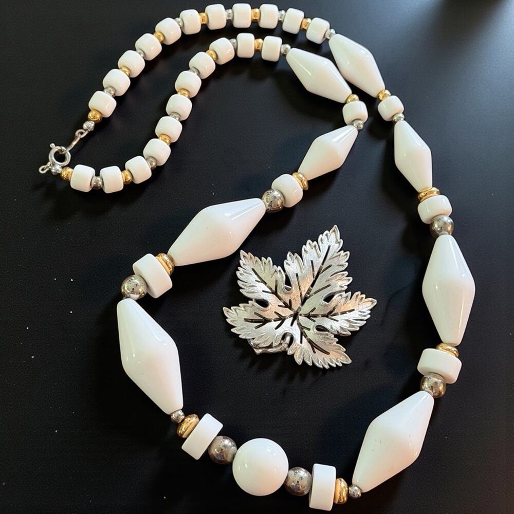Trifari Vintage Set White Beaded Gold Silver Tone 24” Necklace & Trifari Brooch